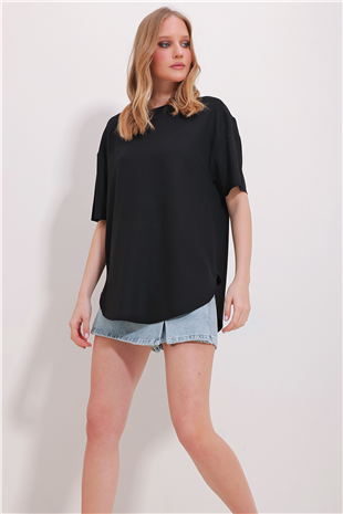 Kadın Siyah Bisiklet Yaka Oval Kesim Modal T-Shirt Alc-X11506