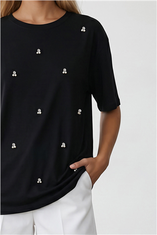 Kadın Siyah Bisiklet Yaka Oversize İnci Ve Taş İşlemeli T-Shirt ALC-X11964