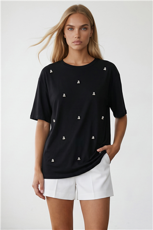 Kadın Siyah Bisiklet Yaka Oversize İnci Ve Taş İşlemeli T-Shirt ALC-X11964