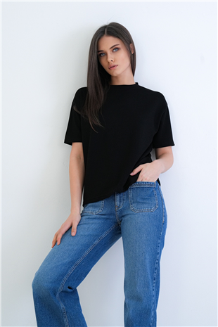 Kadın Siyah Bisiklet Yaka Oversize T-Shirt Alc-X15262