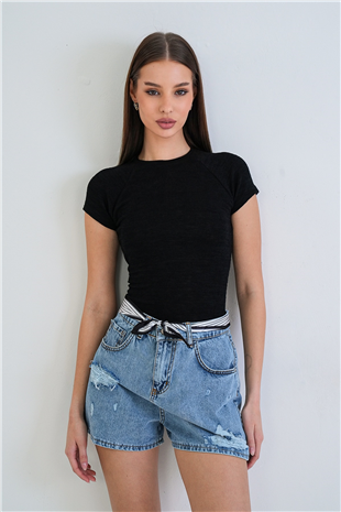 Kadın Siyah Bisiklet Yaka Reglan Kol Likralı Örme Bluz Alc-X15388