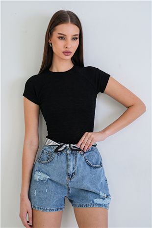 Kadın Siyah Bisiklet Yaka Reglan Kol Likralı Örme Bluz Alc-X15388