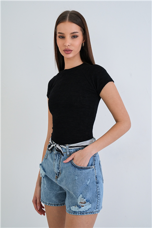 Kadın Siyah Bisiklet Yaka Reglan Kol Likralı Örme Bluz Alc-X15388