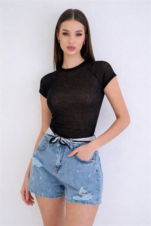 Kadın Siyah Bisiklet Yaka Reglan Kol Likralı Transparan Bluz Alc-X15462