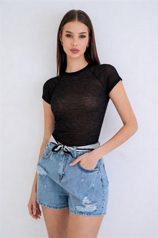 Kadın Siyah Bisiklet Yaka Reglan Kol Likralı Transparan Bluz Alc-X15462