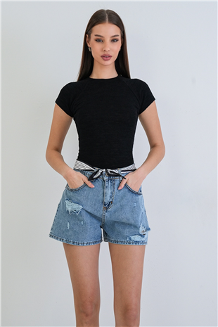 Kadın Siyah Bisiklet Yaka Reglan Kol Likralı Örme Bluz Alc-X15388