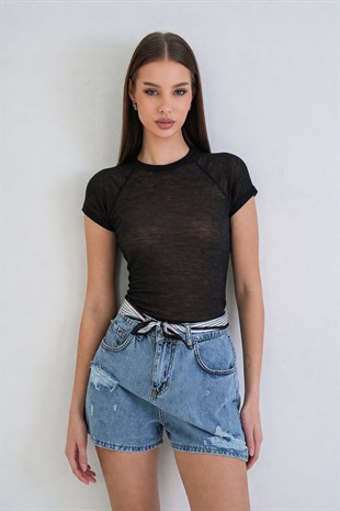 Kadın Siyah Bisiklet Yaka Reglan Kol Likralı Transparan Bluz Alc-X15462