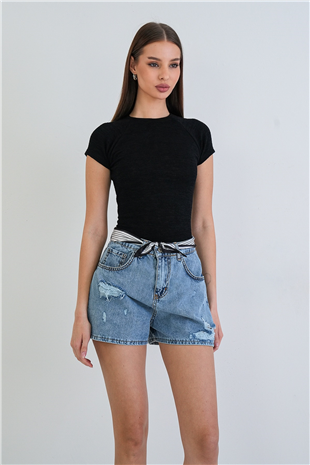 Kadın Siyah Bisiklet Yaka Reglan Kol Likralı Örme Bluz Alc-X15388