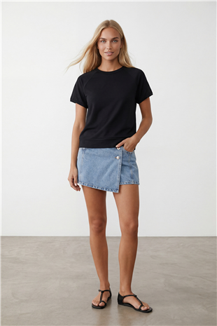 Kadın Siyah Bisiklet Yaka Reglan Kol Oversize T-Shırt Alc-X15492