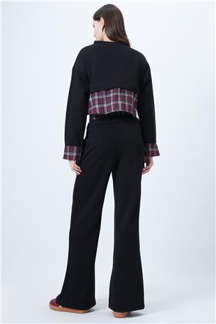 Kadın SİYAH-BORDO Ekose Detaylı Sweatshirt Ve Geniş Paça Pantolon Takım VS01524