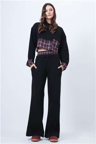 Kadın SİYAH-BORDO Ekose Detaylı Sweatshirt Ve Geniş Paça Pantolon Takım VS01524