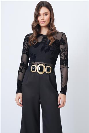 Kadın SİYAH Çiçek Desenli Transparan Tül Bluz VS01691