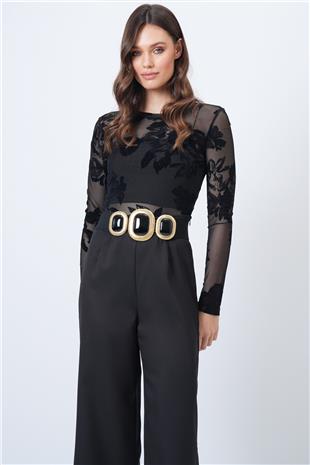 Kadın SİYAH Çiçek Desenli Transparan Tül Bluz VS01691