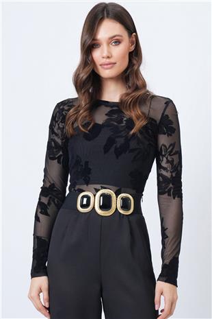 Kadın SİYAH Çiçek Desenli Transparan Tül Bluz VS01691