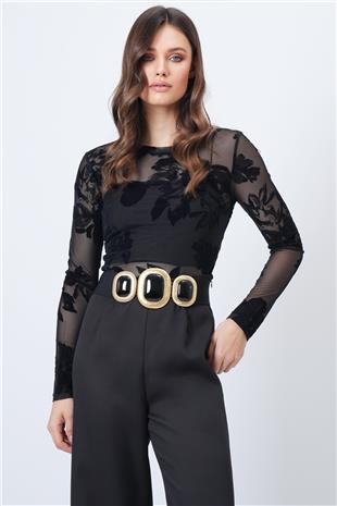 Kadın SİYAH Çiçek Desenli Transparan Tül Bluz VS01691
