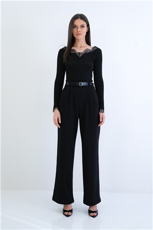 Kadın Siyah Çift Cepli Kemerli Pile Detaylı Örme Krep Palazzo Pantolon Alc-X15261