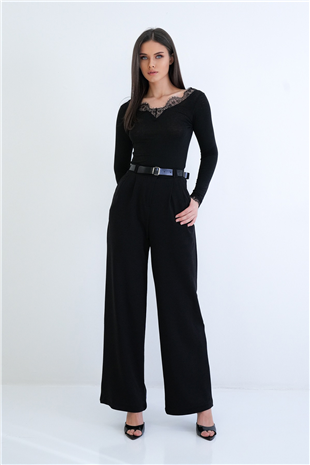 Kadın Siyah Çift Cepli Kemerli Pile Detaylı Örme Krep Palazzo Pantolon Alc-X15261