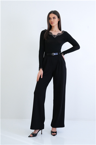Kadın Siyah Çift Cepli Kemerli Pile Detaylı Örme Krep Palazzo Pantolon Alc-X15261