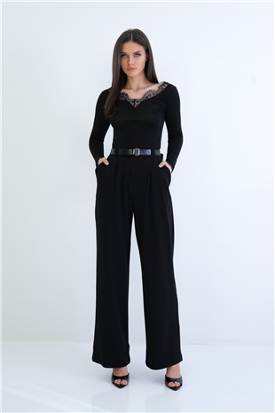 Kadın Siyah Çift Cepli Kemerli Pile Detaylı Örme Krep Palazzo Pantolon Alc-X15261