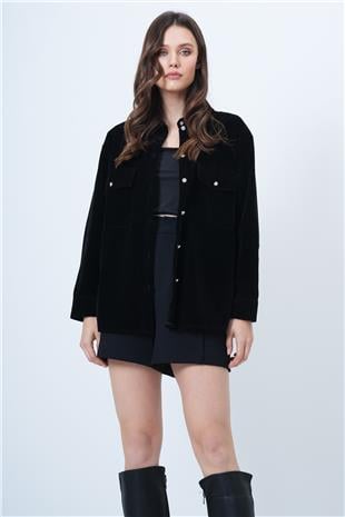 Kadın SİYAH Çift Cepli Oversize Kadife Gömlek VS01512