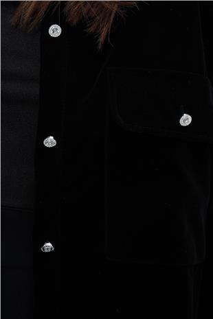 Kadın SİYAH Çift Cepli Oversize Kadife Gömlek VS01512