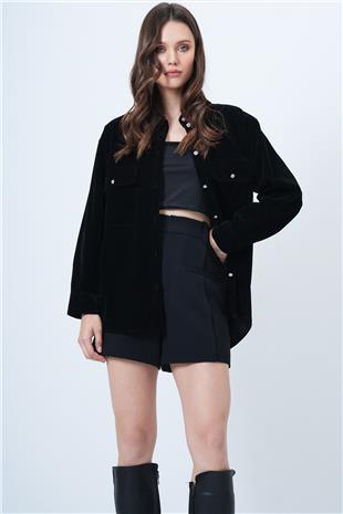 Kadın SİYAH Çift Cepli Oversize Kadife Gömlek VS01512