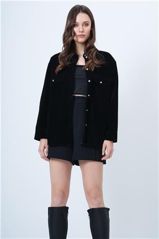 Kadın SİYAH Çift Cepli Oversize Kadife Gömlek VS01512