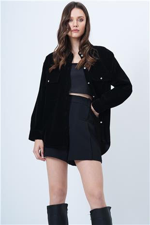 Kadın SİYAH Çift Cepli Oversize Kadife Gömlek VS01512