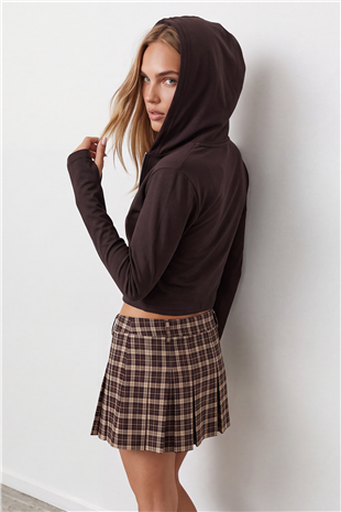 Kadın Siyah Çift Cepli Parmak Geçmeli Fermuarlı Kapüşonlu Modal Sweatshirt Alc-X15730