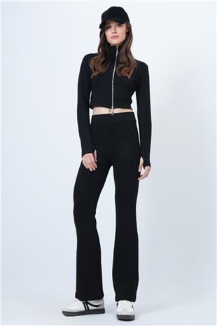 Kadın SİYAH Çift Fermuarlı Ceket İspanyol Paça Takım VS01552