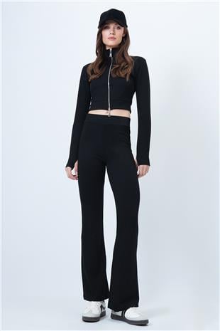 Kadın SİYAH Çift Fermuarlı Ceket İspanyol Paça Takım VS01552