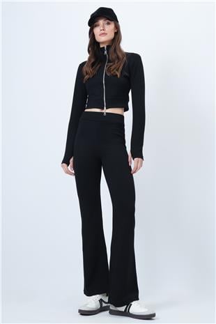 Kadın SİYAH Çift Fermuarlı Ceket İspanyol Paça Takım VS01552