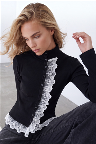 Kadın Siyah Dantel Detaylı Düğmeli Dik Yaka Hırka Alc-X15708