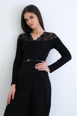 Kadın Siyah Dantel Detaylı Düğmeli Örme Bluz ALC-X15292