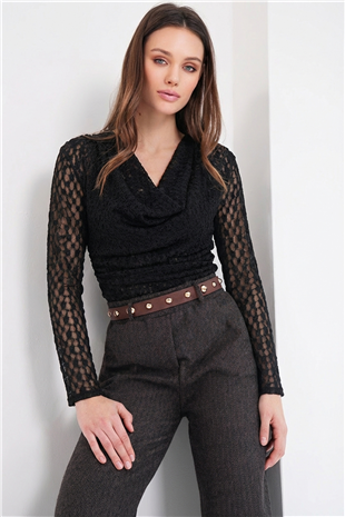 Kadın Siyah Degaje Yaka Astarlı Drapeli Tül Bluz Alc-X15138