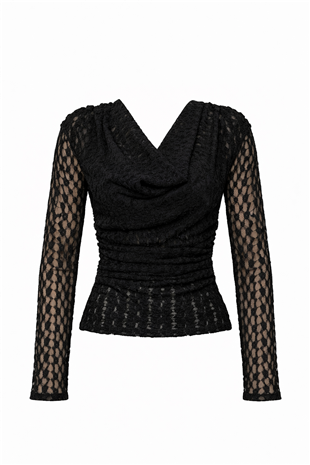 Kadın Siyah Degaje Yaka Astarlı Drapeli Tül Bluz Alc-X15138