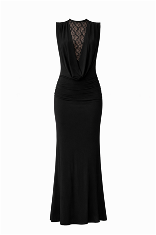 Kadın Siyah Degaje Yaka Tül Sırtı Tül Dekolteli Elbise Alc-X15141