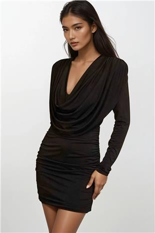 Kadın Siyah Degaje Yaka Vatkalı Mini Elbise Alc-X14874