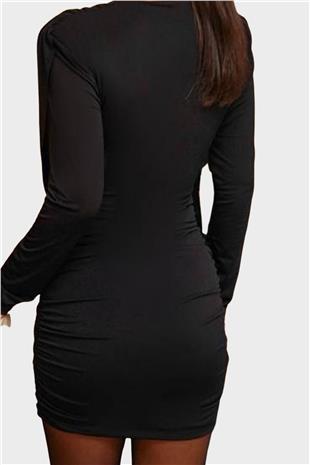 Kadın Siyah Degaje Yaka Vatkalı Mini Elbise Alc-X14874