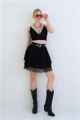 Kadın Siyah Deri Kemerli Dantelli Kat Kat Volanlı Mini Etek Alc-X15428