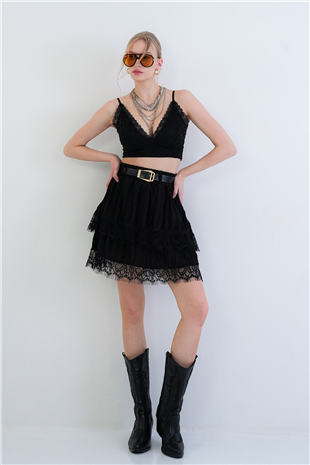 Kadın Siyah Deri Kemerli Dantelli Kat Kat Volanlı Mini Etek Alc-X15428
