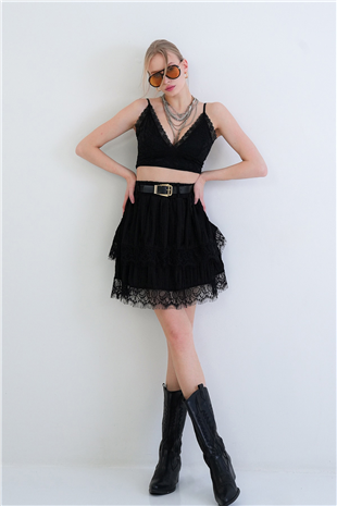 Kadın Siyah Deri Kemerli Dantelli Kat Kat Volanlı Mini Etek Alc-X15428