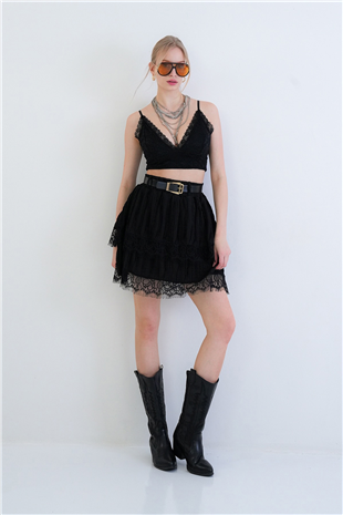 Kadın Siyah Deri Kemerli Dantelli Kat Kat Volanlı Mini Etek Alc-X15428
