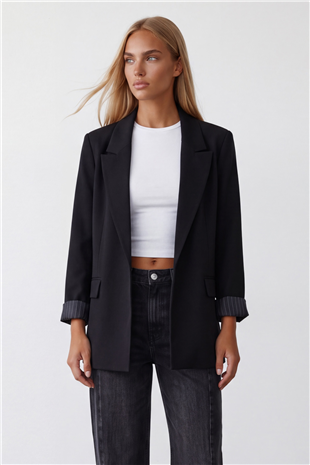 Kadın Siyah Desenli Astarlı Blazer Ceket Alc-X15643