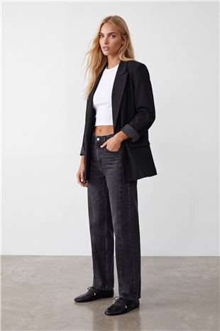 Kadın Siyah Desenli Astarlı Blazer Ceket Alc-X15643