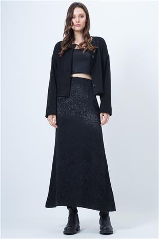 Kadın Siyah Desenli Fermuar Kapamalı Midi Boy Etek VS01511