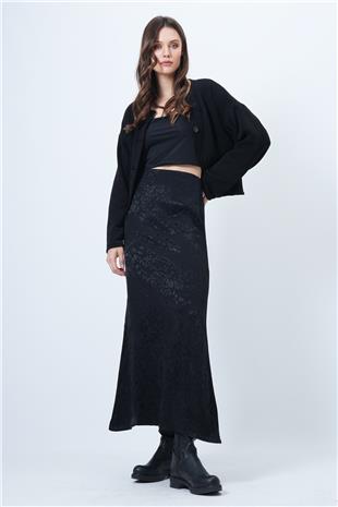 Kadın Siyah Desenli Fermuar Kapamalı Midi Boy Etek VS01511
