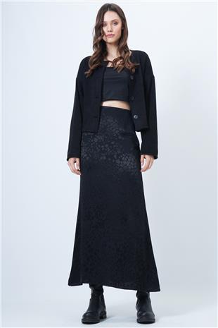Kadın Siyah Desenli Fermuar Kapamalı Midi Boy Etek VS01511