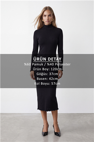 Kadın Siyah Dik Yaka Arkası Yırtmaçlı Midi Boy Çelik Örme Elbise Alc-X15878