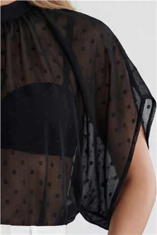 Kadın Siyah Dik Yaka Bağlamalı Drape Detaylı Şifon Bluz Alc-X15480